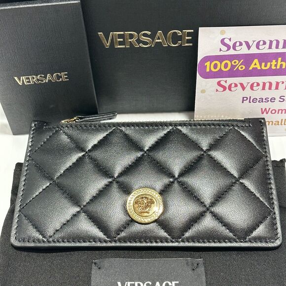 Versace Medusa Card Case Holder Wallet Black Quilted Leather Top Zip NIB - Picture 4 of 10